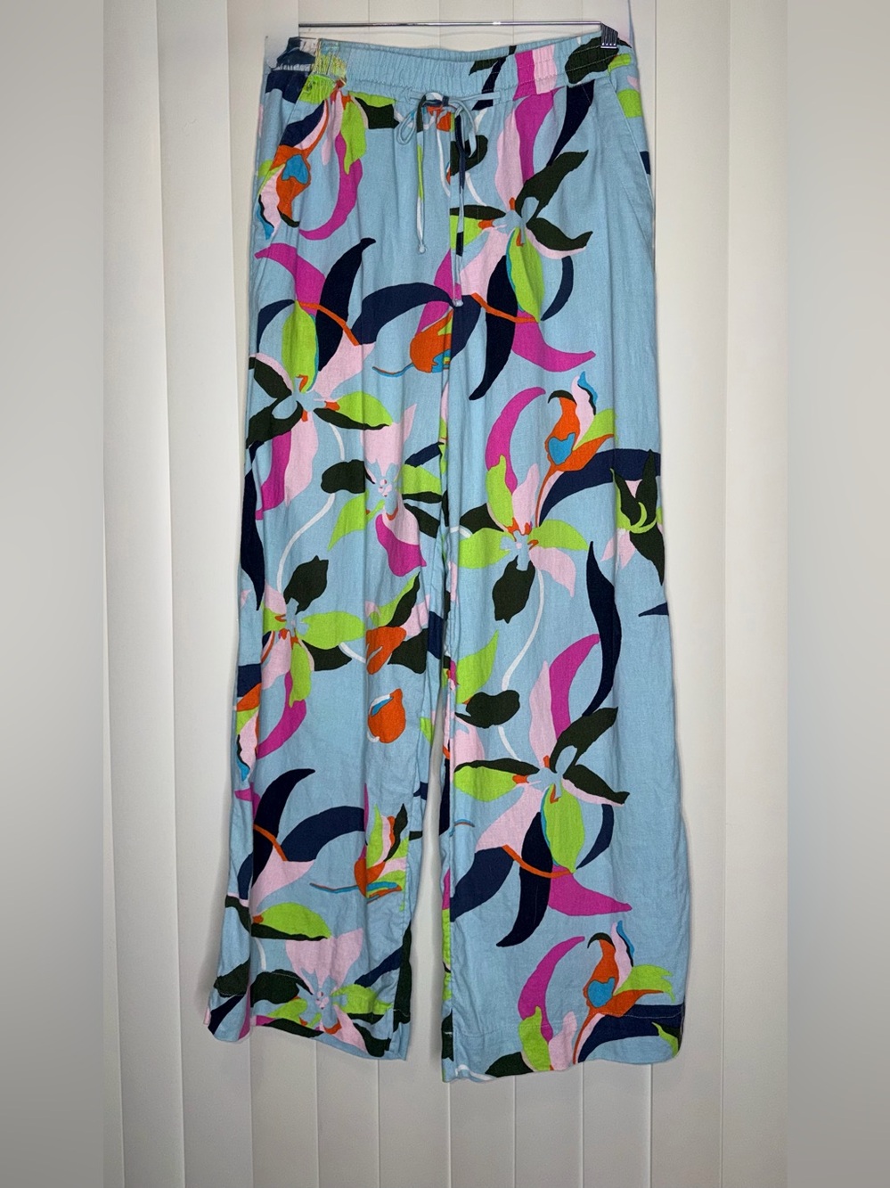 Boho Floral Wide Leg Pants Linen Blend Size M Tropical Beachy Summer Vibes